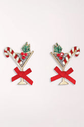 Pair of Periwinkle Holiday Martini Earrings: gold-tone martini glass studs set with clear crystals, with a red and white candy cane, green holly with red berries, and a red fabric bow on each stem.