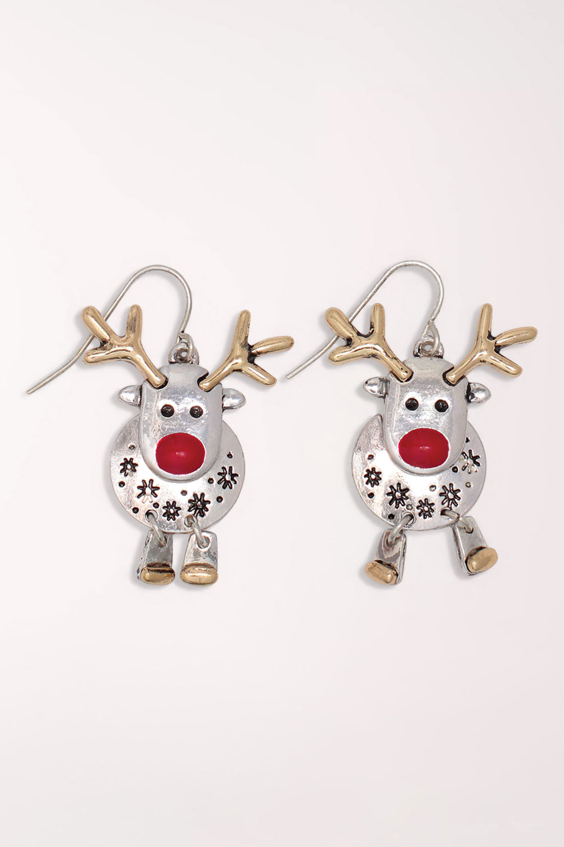 Pair of Periwinkle Prancing Rudolph Earrings on French hooks: round silver-tone reindeer with snowflake cutouts, a red enamel nose, gold-tone antlers and dangling gold-tone legs.