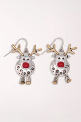 Pair of Periwinkle Prancing Rudolph Earrings on French hooks: round silver-tone reindeer with snowflake cutouts, a red enamel nose, gold-tone antlers and dangling gold-tone legs.
