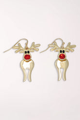 Pair of Periwinkle Polished Gold Rudolph Earrings on French hooks: shiny gold-tone reindeer with antlers, black eyes and a red crystal nose.