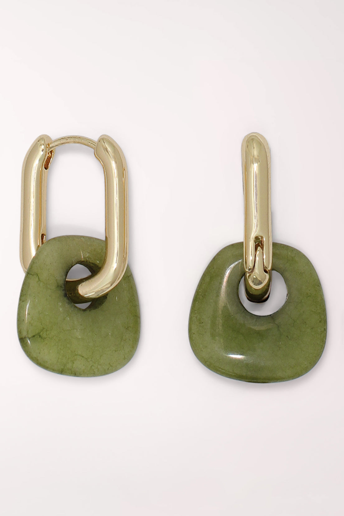 Pair of Periwinkle Green Agate Charm Huggie Hoop Earrings: chunky rectangular gold-tone huggie hoops, each holding a rounded olive-green agate stone charm with a center hole.