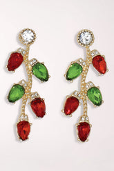 Pair of Periwinkle Bedazzled Christmas Lights Earrings: a round clear crystal stud on top with a gold-tone vine of red and green teardrop crystal bulbs dangling below.