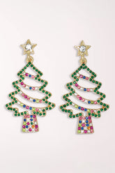 Pair of Periwinkle Multicolored Crystal Christmas Tree Earrings: open gold-tone Christmas tree outlines lined with green crystals, a multicolor crystal garland and pot, and a crystal star stud on top.