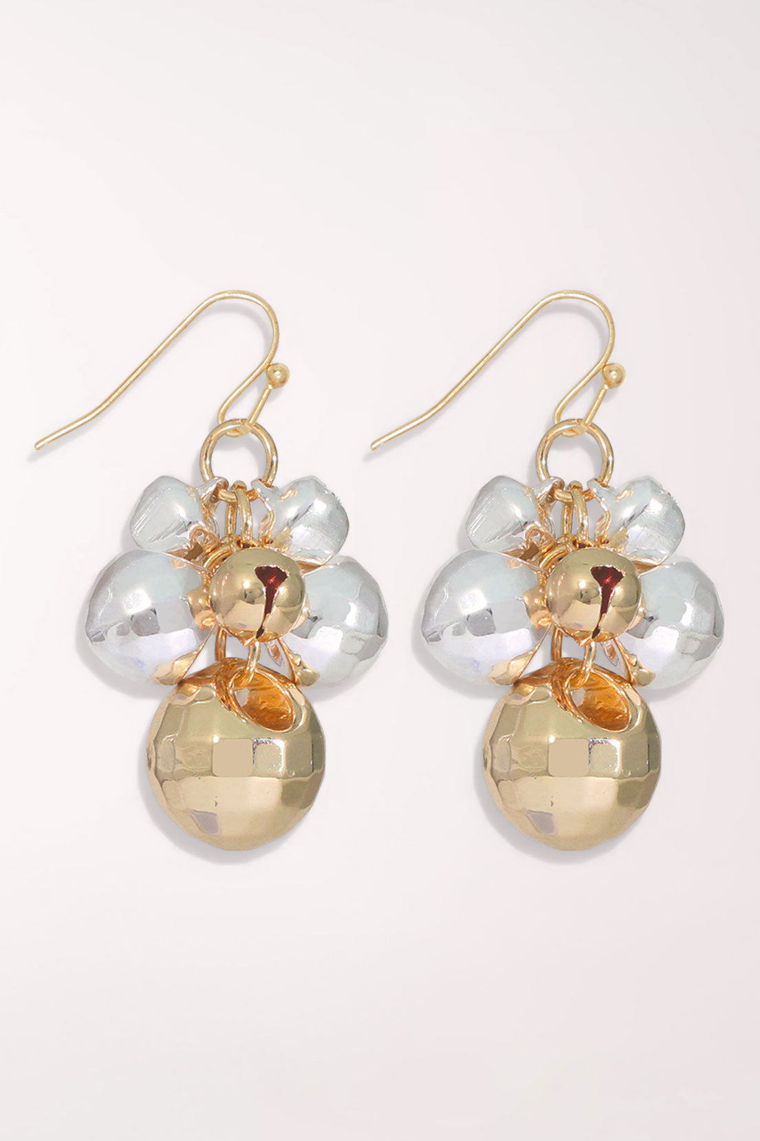 Pair of Periwinkle Gold And Silver Jingle Bell Earrings on gold-tone French hooks: a cluster of silver bells above a large faceted gold bell.