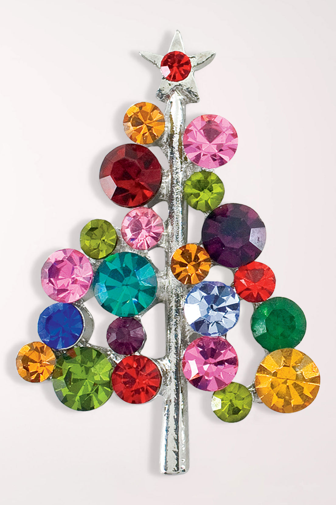 Periwinkle Dazzling Crystal Tree Pin: a silver-tone Christmas tree made of large round crystals in red, pink, green, blue, teal and amber, topped with a silver star and a red crystal.
