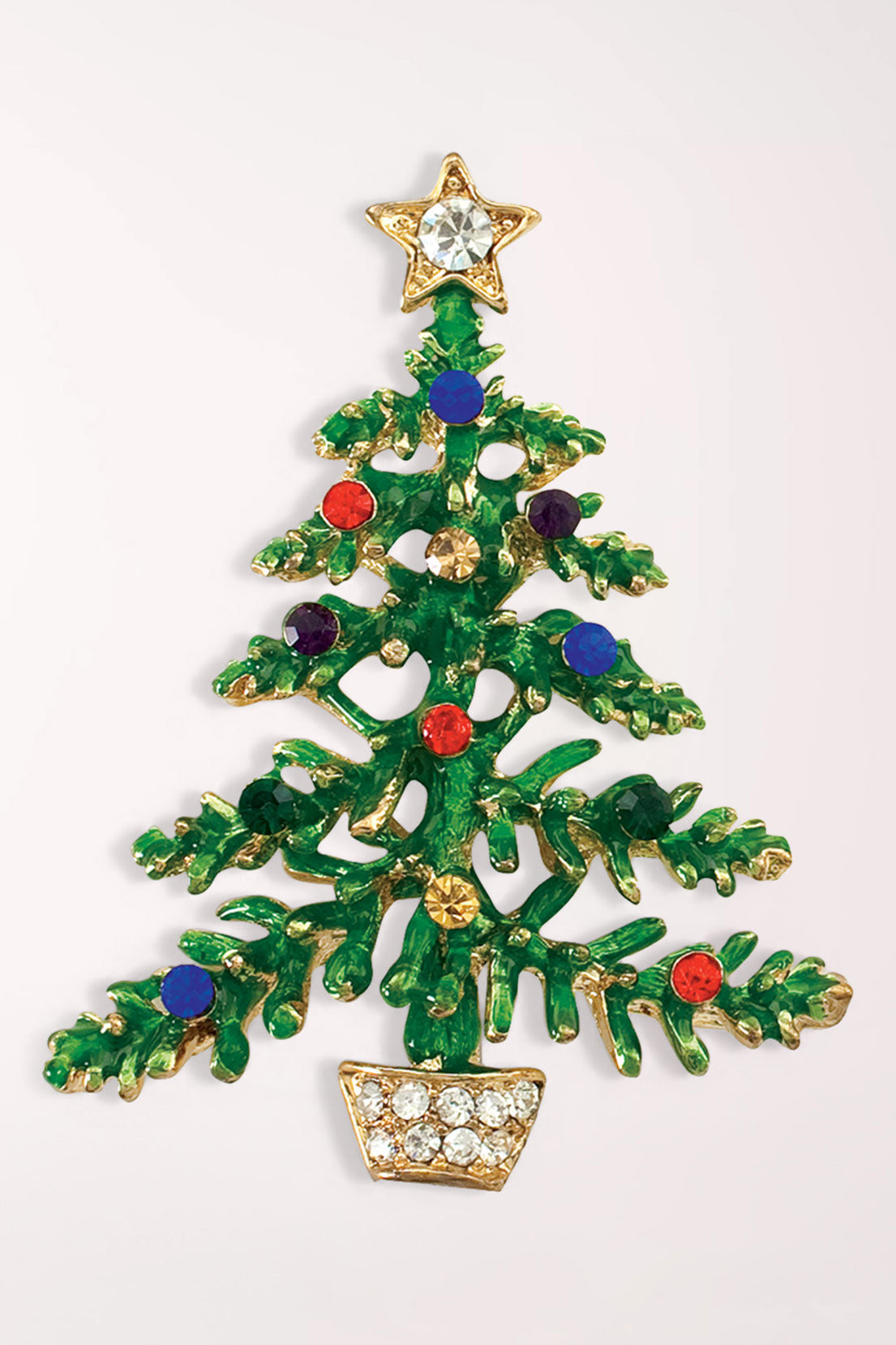 Periwinkle Colorful Crystal Christmas Tree Pin: a Christmas tree with green enamel branches, red, blue and purple crystal ornaments, a crystal star on top and a gold-tone pot set with clear crystals.