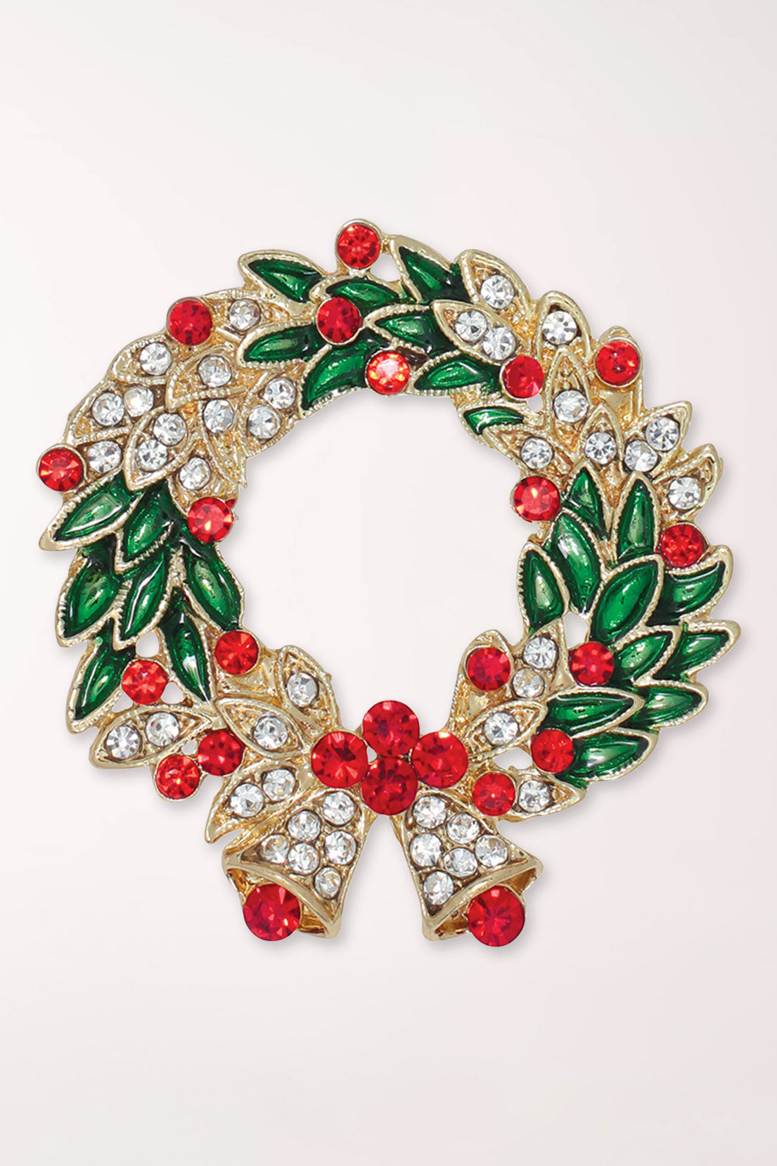 Periwinkle Crystal Bell Enameled Wreath Pin: a gold-tone wreath of green enamel leaves set with clear and red crystals, with red crystal berries and gold bells at the bottom.
