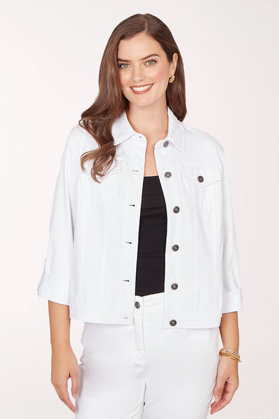 white denim jacket dress Ruby Rd. Stretch Denim 34 Sleeve Button-Front Jacket, Womens, L, White