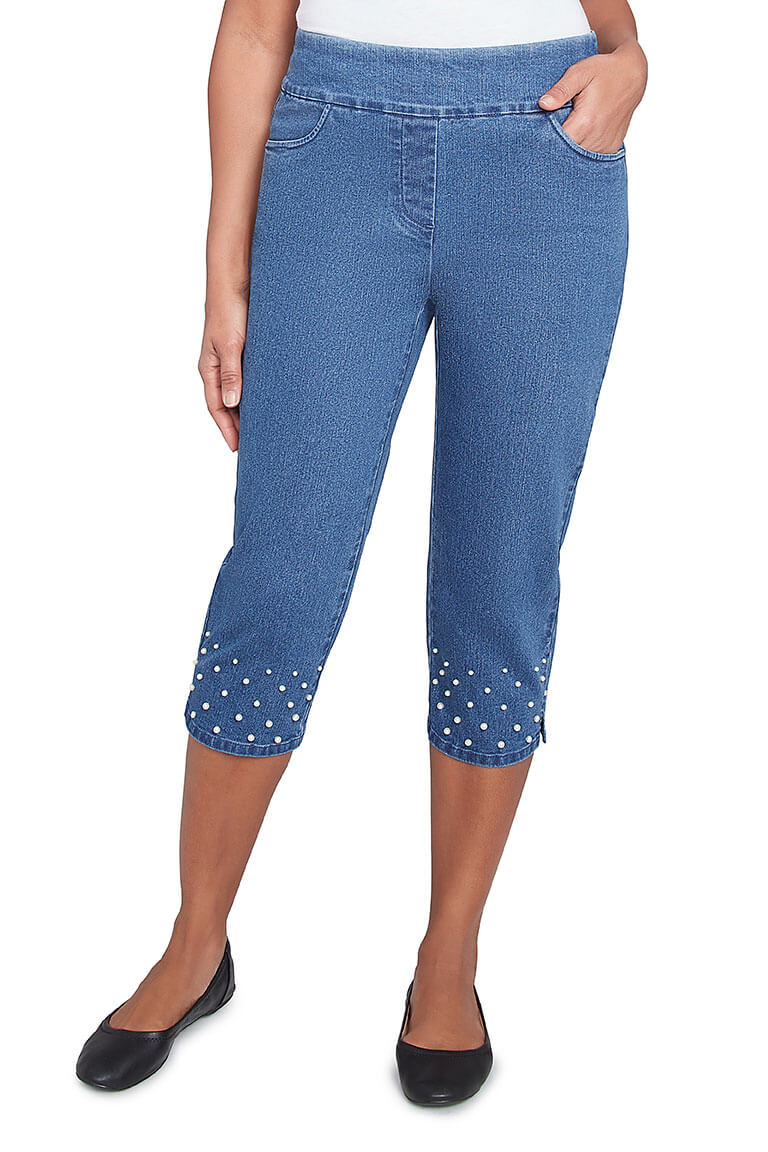 Petite Flower Power Pearl Studded Denim Capri Pant
