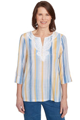 Petite Flower Power Striped Lace Neck Blouse