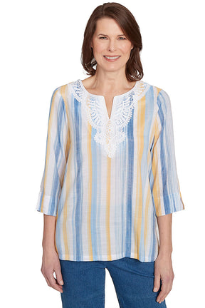 Petite Flower Power Striped Lace Neck Blouse