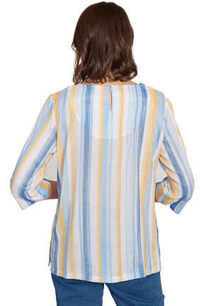 Petite Flower Power Striped Lace Neck Blouse