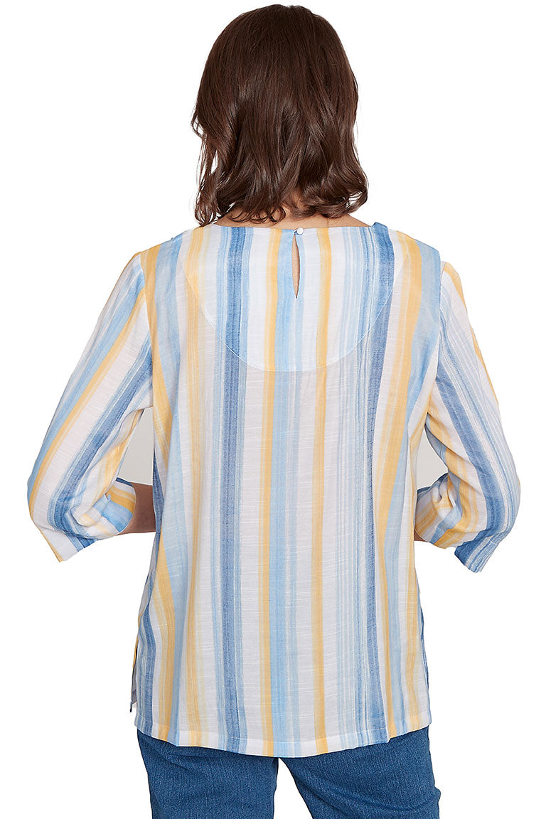 Petite Flower Power Striped Lace Neck Blouse