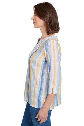 Petite Flower Power Striped Lace Neck Blouse