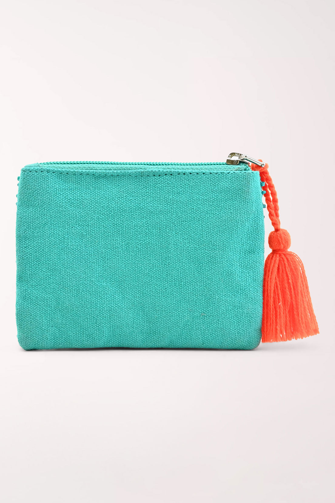 A turquoise beaded zip pouch with 'VITAMIN SEA' spelled out in colorful rhinestone letters and a bright orange tassel zipper pull, shown on a light gray background.