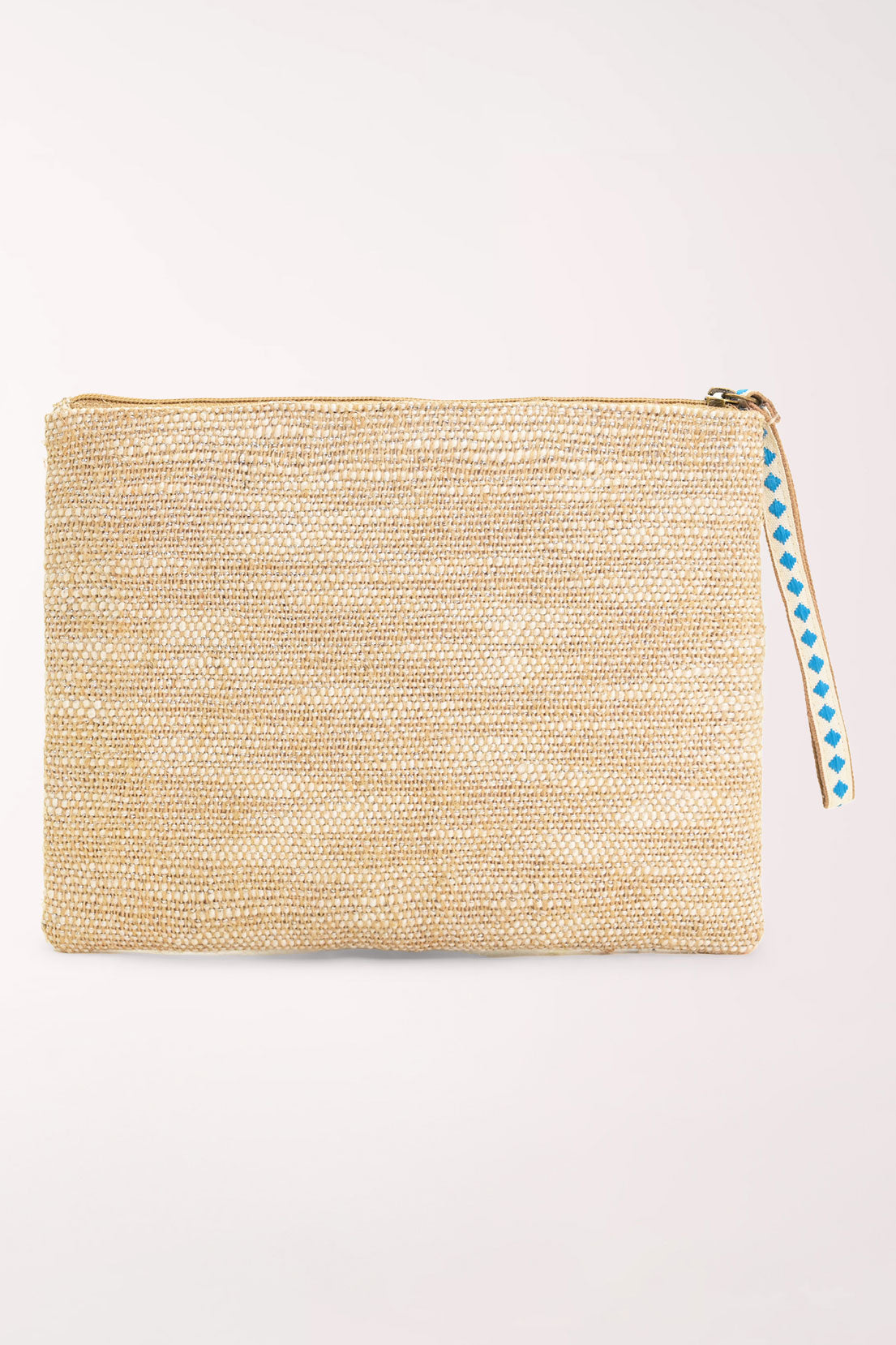 A rectangular zip pouch with a beige woven base, decorated with colorful beaded sea-themed motifs including a pink crab, blue starfish, green shells, and coral, featuring a blue and white patterned zipper pull.
