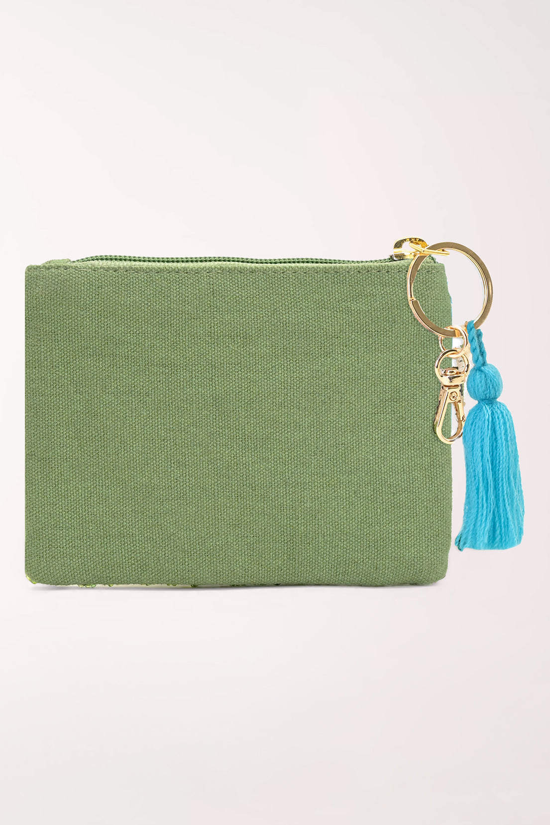 An olive green canvas zippered pouch with a gold-tone key ring and a bright blue tassel charm, shown on a plain light background.