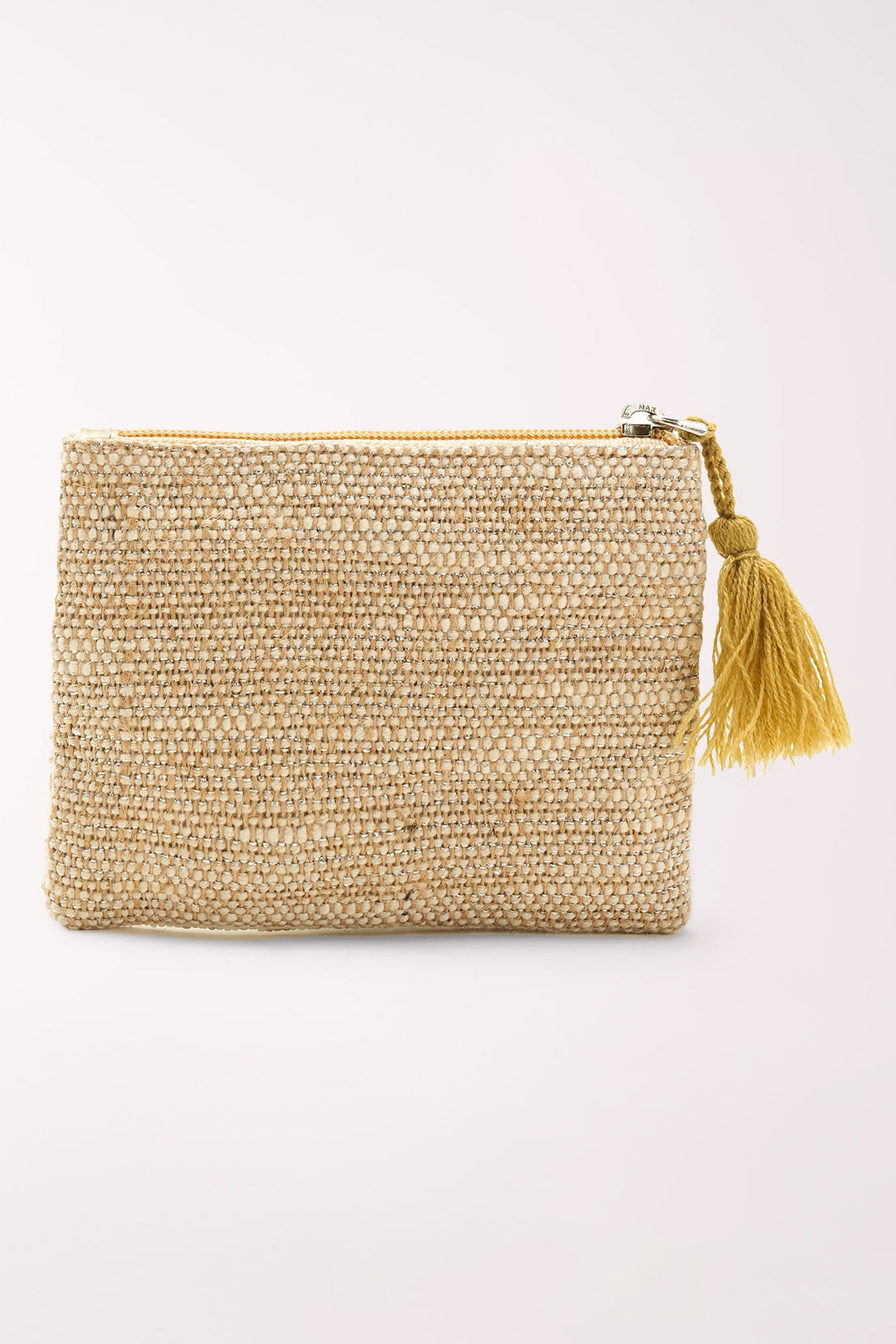 A square zippered clutch bag covered in beige seed beads, featuring a green turtle design with white shell details, small seashell embellishments, and a yellow tassel on the zipper.