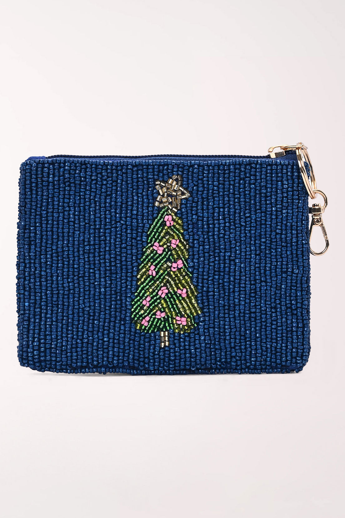 Back of the Merry Carting pouch in navy beading with a single beaded green Christmas tree topped with a star.