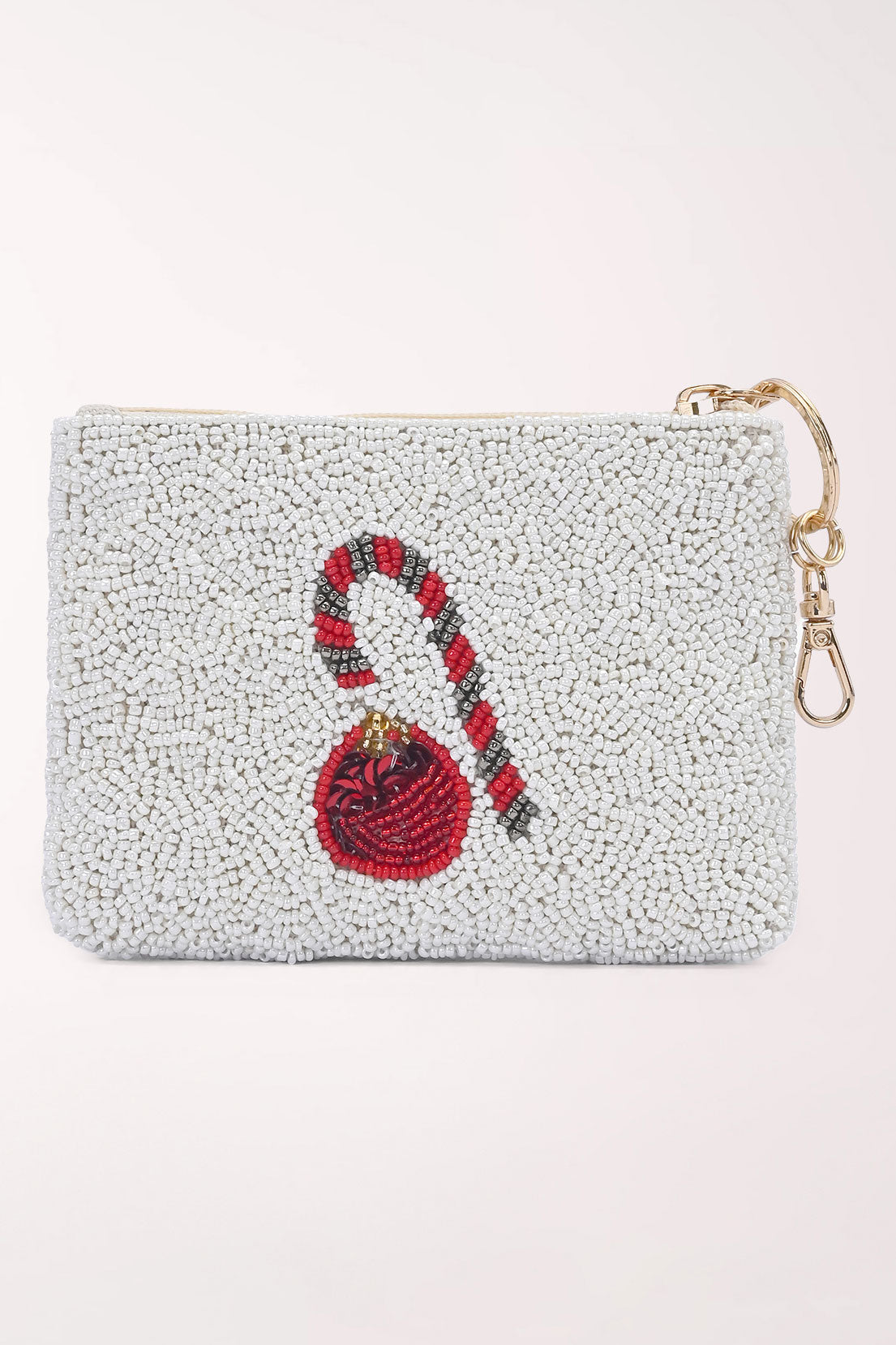 Back of the Merry Mimosa pouch in white beading with a red and white candy cane and a red ornament.