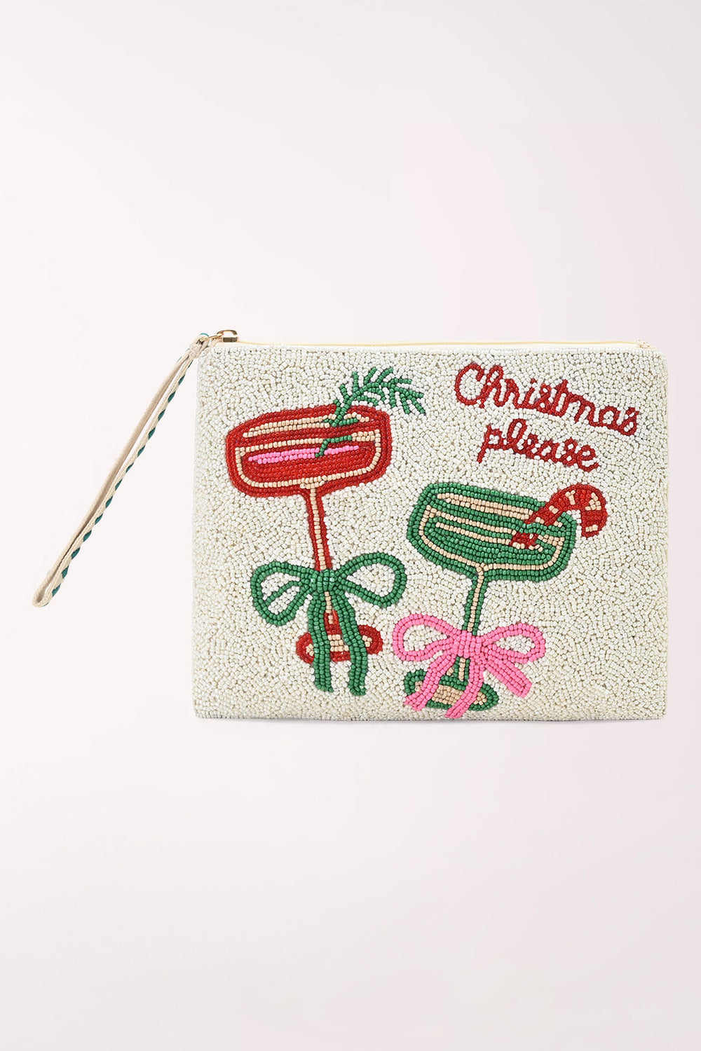 America and Beyond Christmas Please Beaded Clutch in white with red and green cocktail glasses, bows and Christmas please script, front view