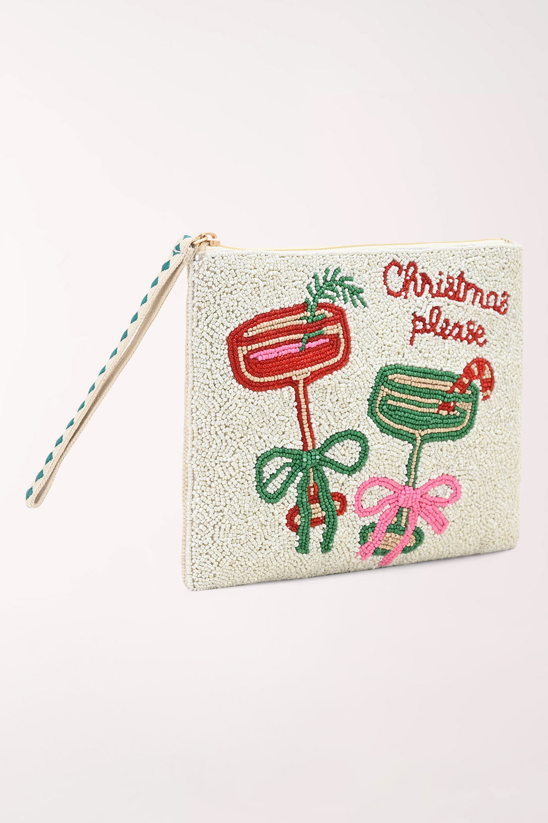 Angled view of the Christmas Please Beaded Clutch showing the beaded holiday cocktail design and striped wrist strap