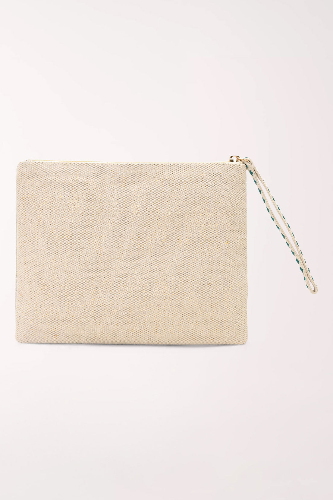 Back of the America and Beyond Christmas Please Beaded Clutch in natural canvas with wrist strap