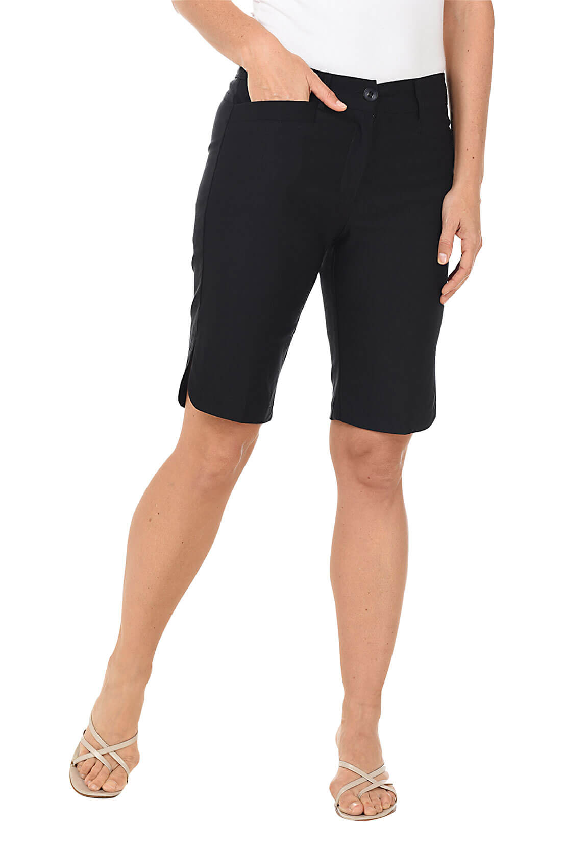 Person wearing black shorts on a white background