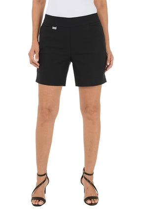 Person wearing black shorts on a white background.