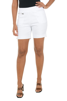 White shorts worn by a person on a white background