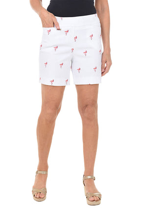 Embroidered Flamingoes Pull-On Stretch Short