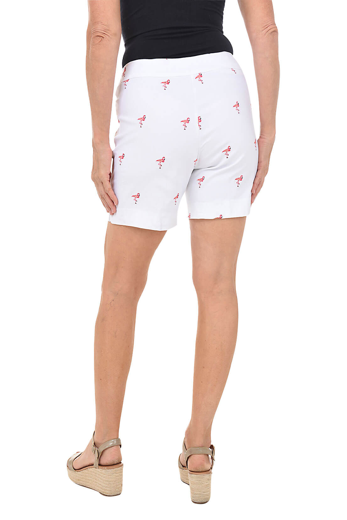 Embroidered Flamingoes Pull-On Stretch Short