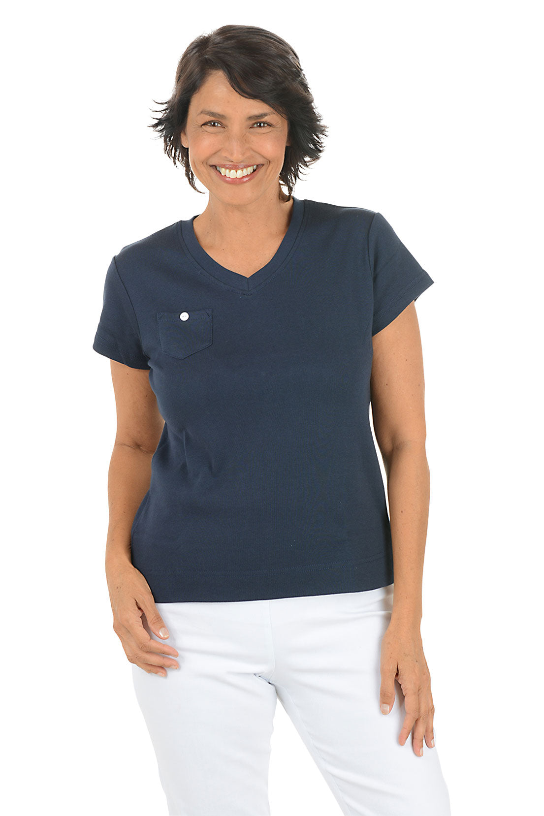 Woman wearing a navy blue short sleeve v-neck top with a pocket on a white background.