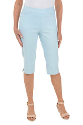 Light blue capri pants worn by a person on a white background.