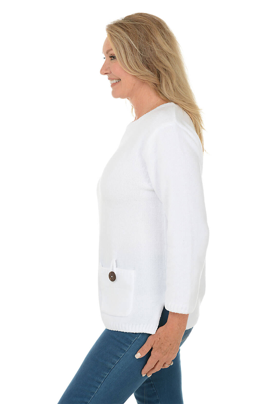 Side shot of woman wearing a white jacket with a button on a white background