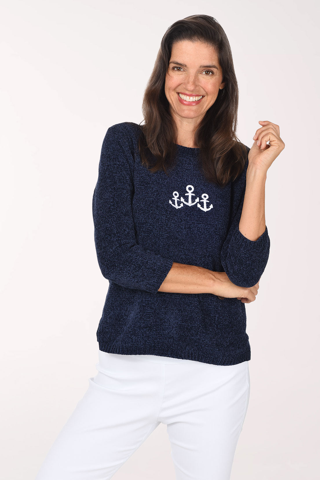 Anthony's Resort Wear Triple Anchor Chenille Pocket Sweater, front view, navy with three embroidered anchors