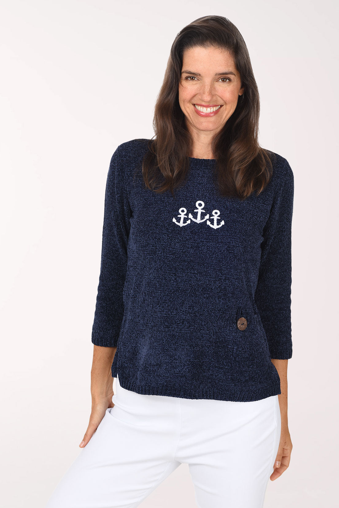 Anthony's Resort Wear Triple Anchor Chenille Pocket Sweater, front view, navy with three embroidered anchors