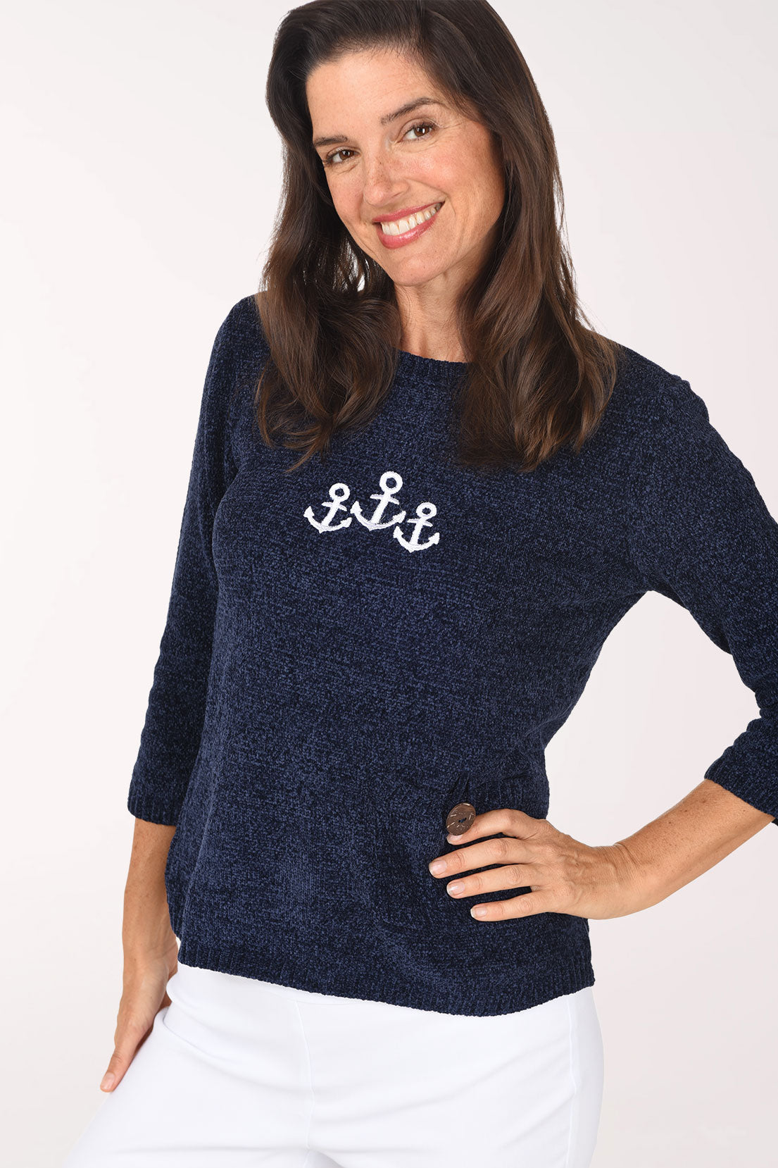 Anthony's Resort Wear Triple Anchor Chenille Pocket Sweater, close-up of the embroidered anchors, navy with three embroidered anchors