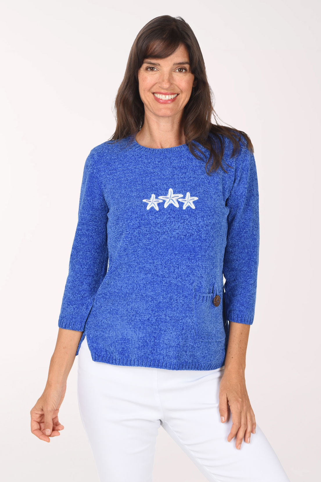 Anthony's Resort Wear Triple Starfish Chenille Pocket Sweater, front view, blue with three embroidered starfish