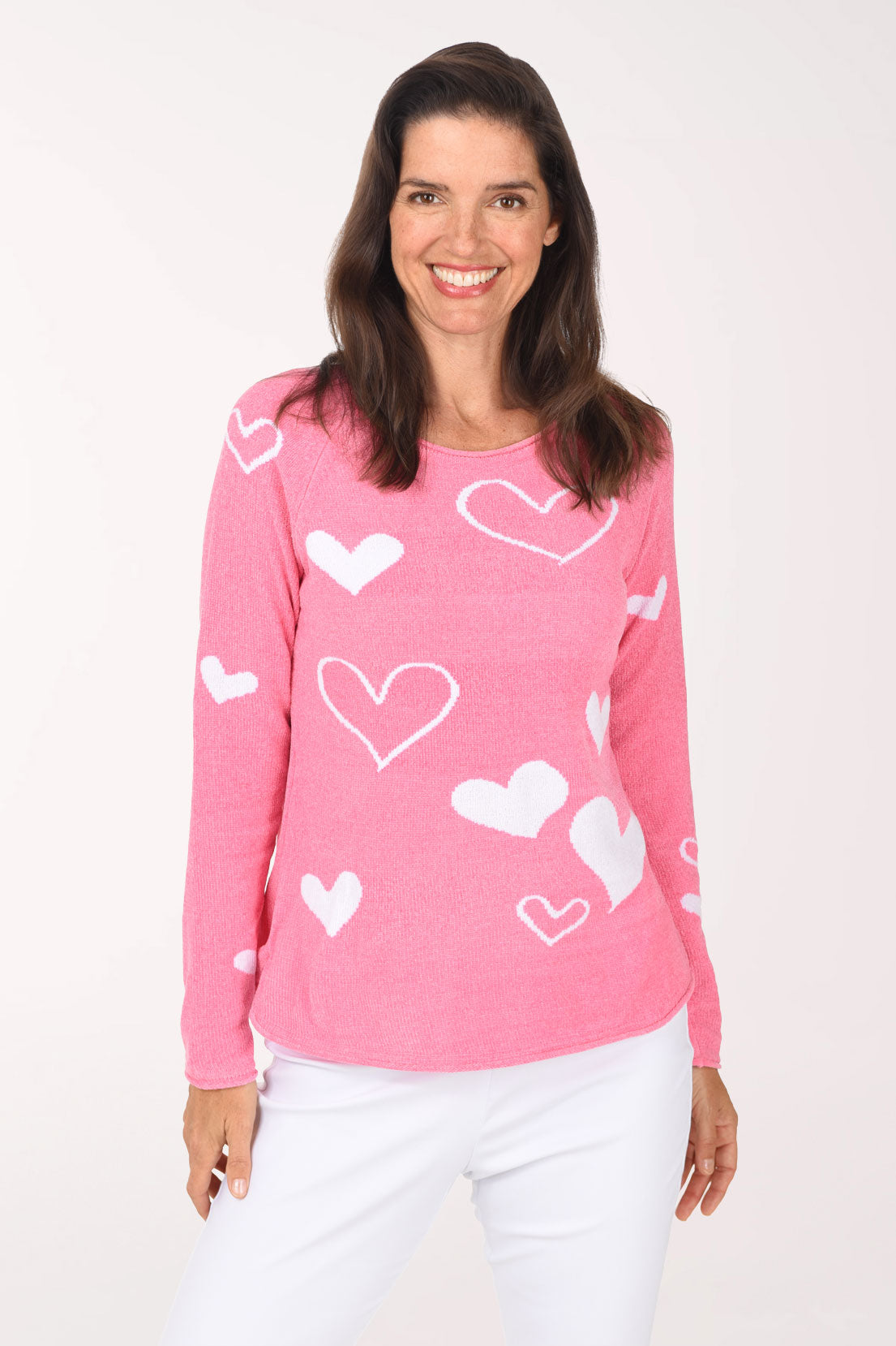 Anthony's Resort Wear Lovely Hearts Chenille Sweater, front view, pink with white hearts