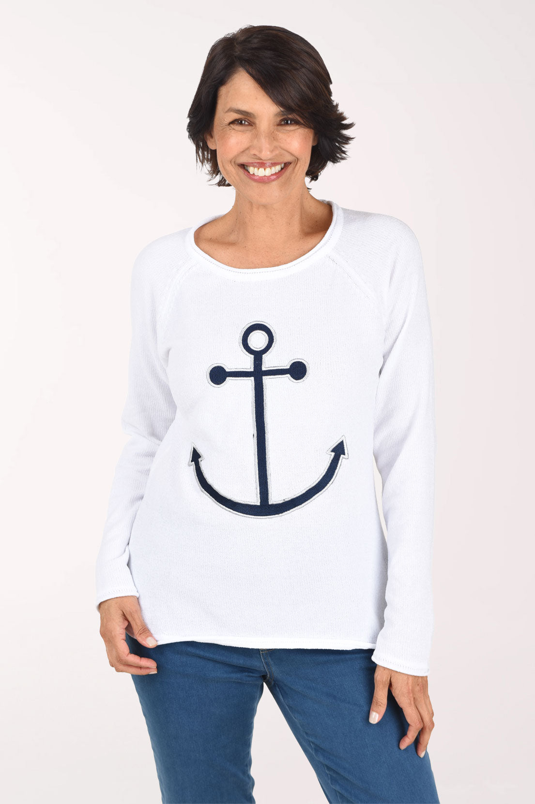 Anthony's Resort Wear Anchor Embroidered Chenille Sweater, front view, white with navy anchor