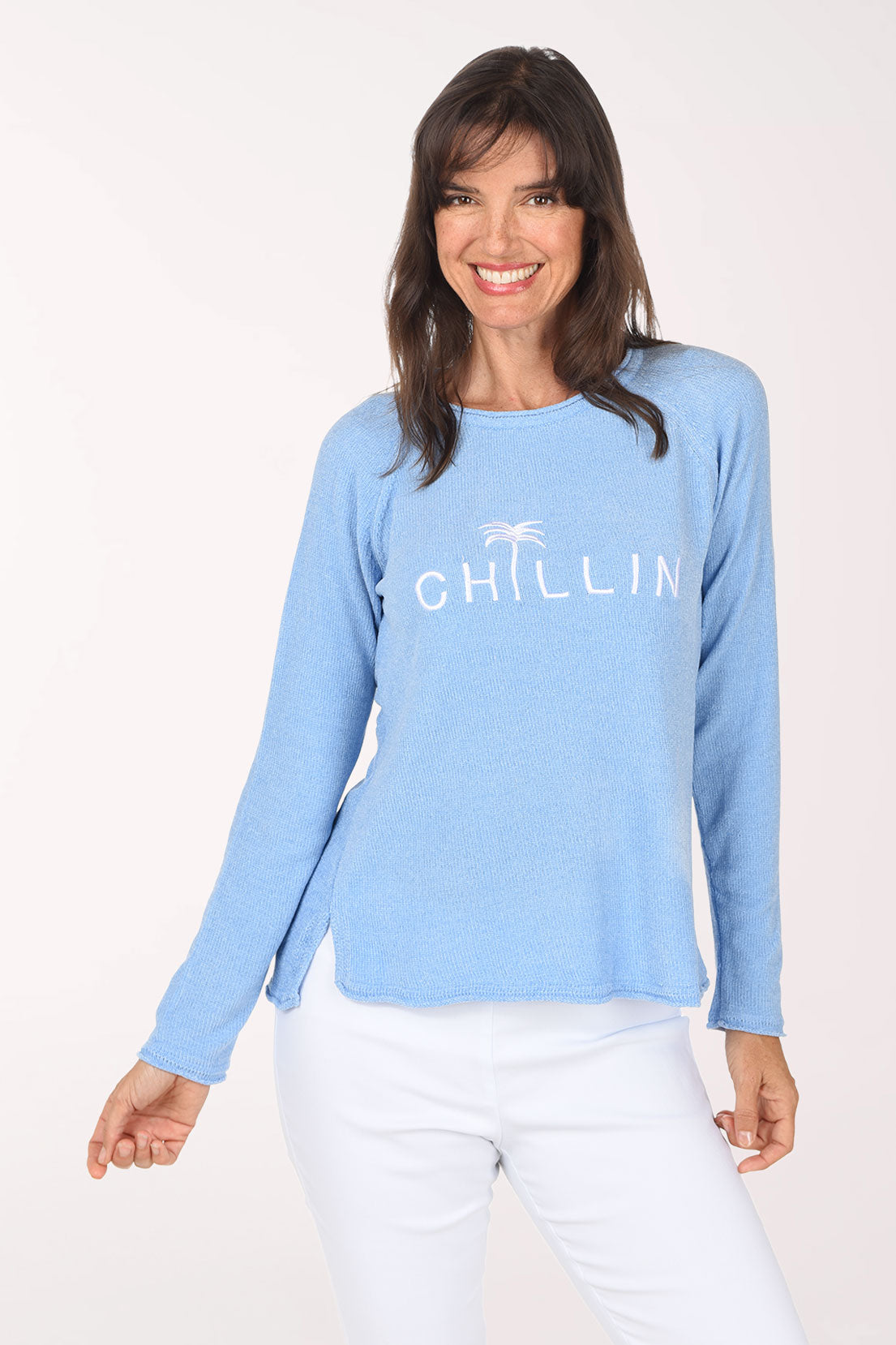 Anthony's Resort Wear Chillin Embroidered Chenille Sweater, front view, periwinkle
