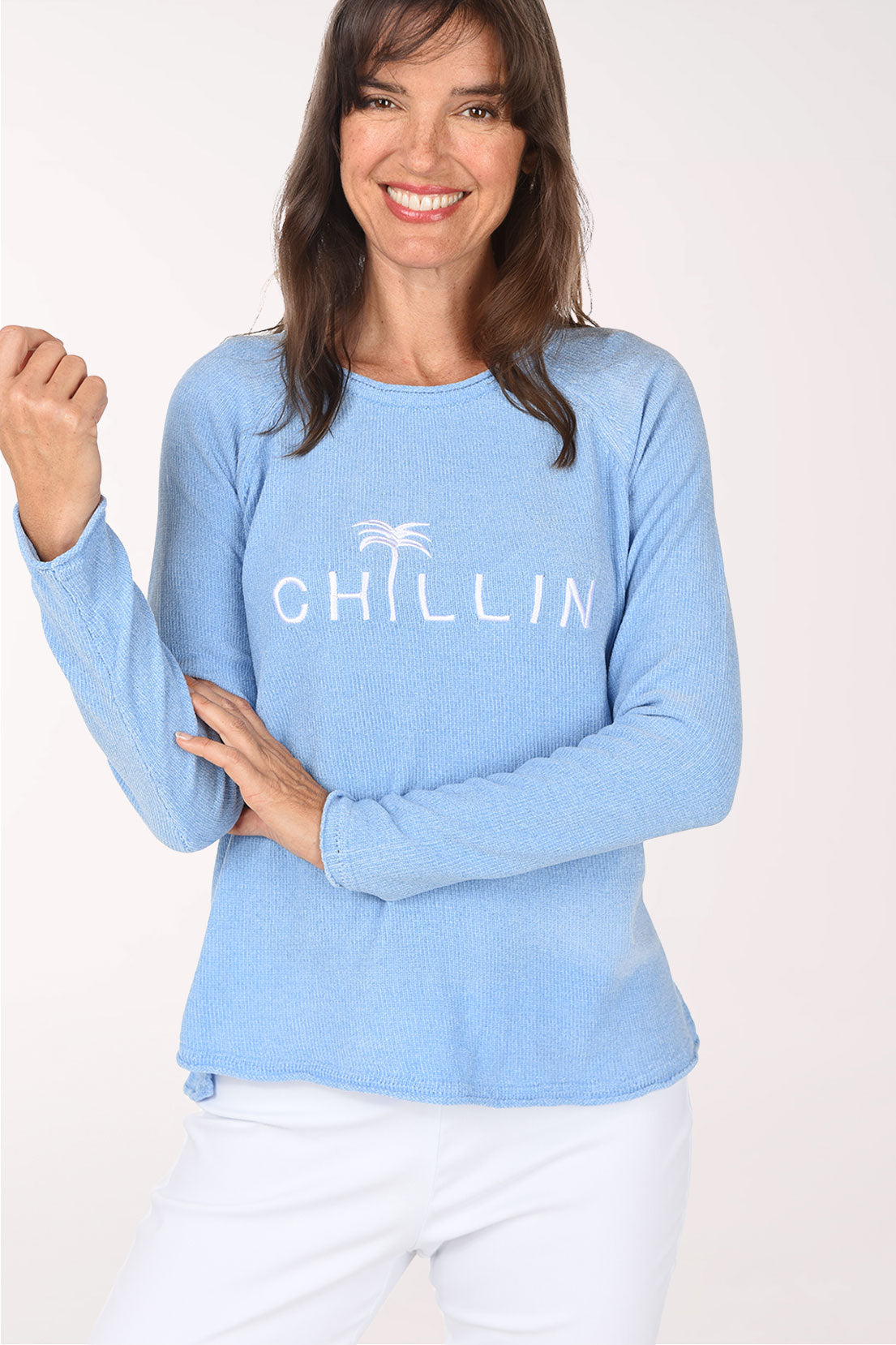 Anthony's Resort Wear Chillin Embroidered Chenille Sweater, close-up of the Chillin embroidery, periwinkle