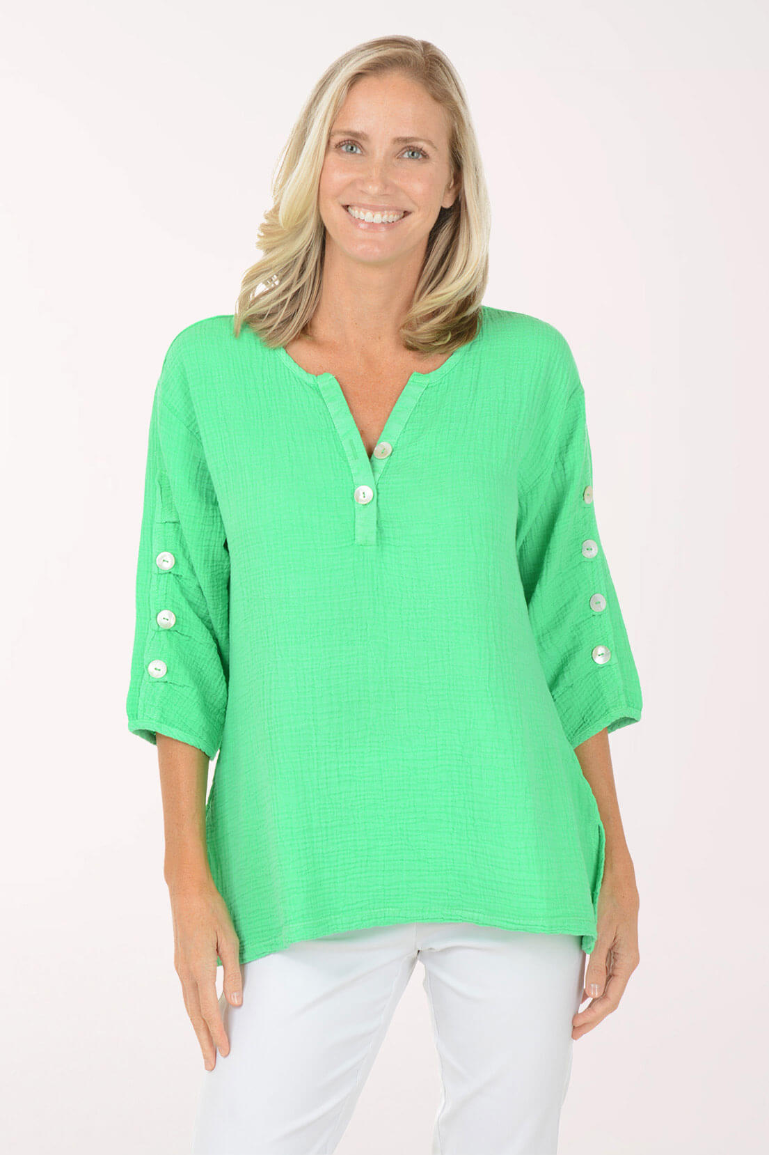 Bubble Gauze Button Sleeve Top | Anthony's Resort Wear