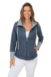 Woman wearing a blue zip-up hoodie with a white background