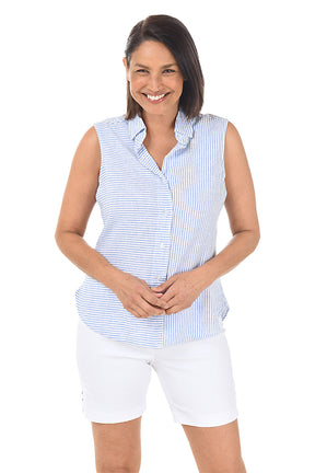 Periwinkle Linen-Blend Striped Sleeveless Blouse