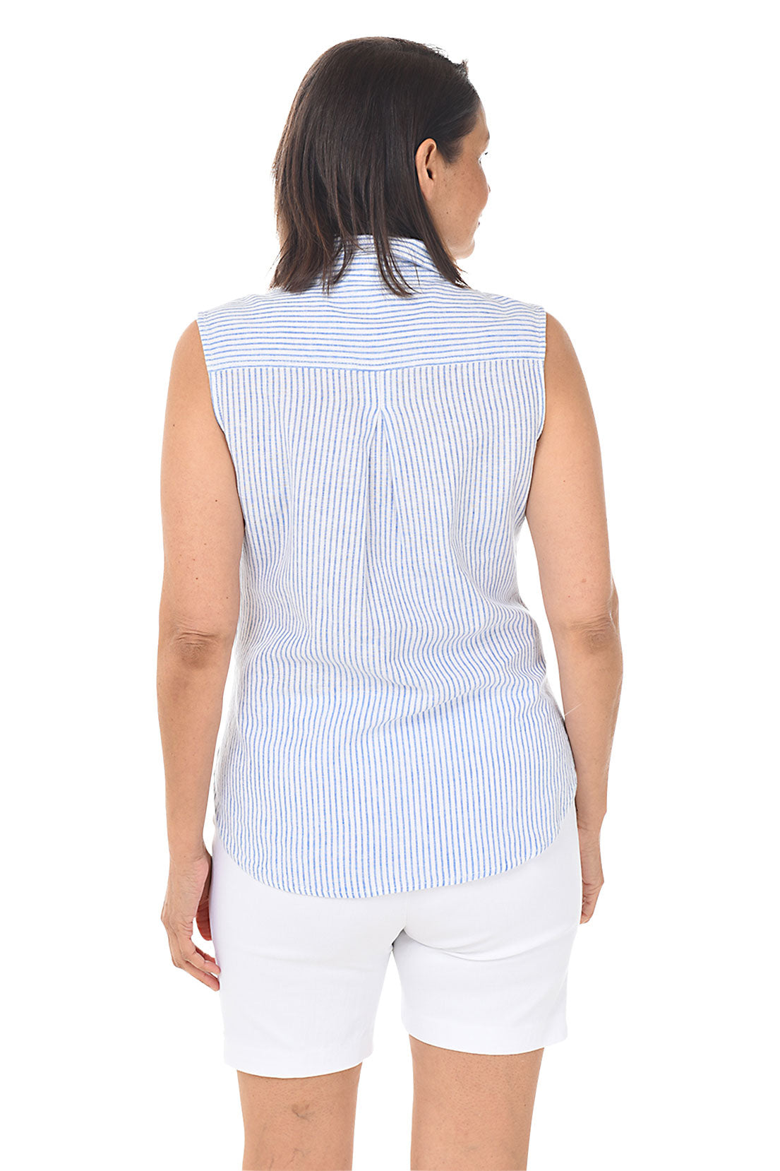 Periwinkle Linen-Blend Striped Sleeveless Blouse