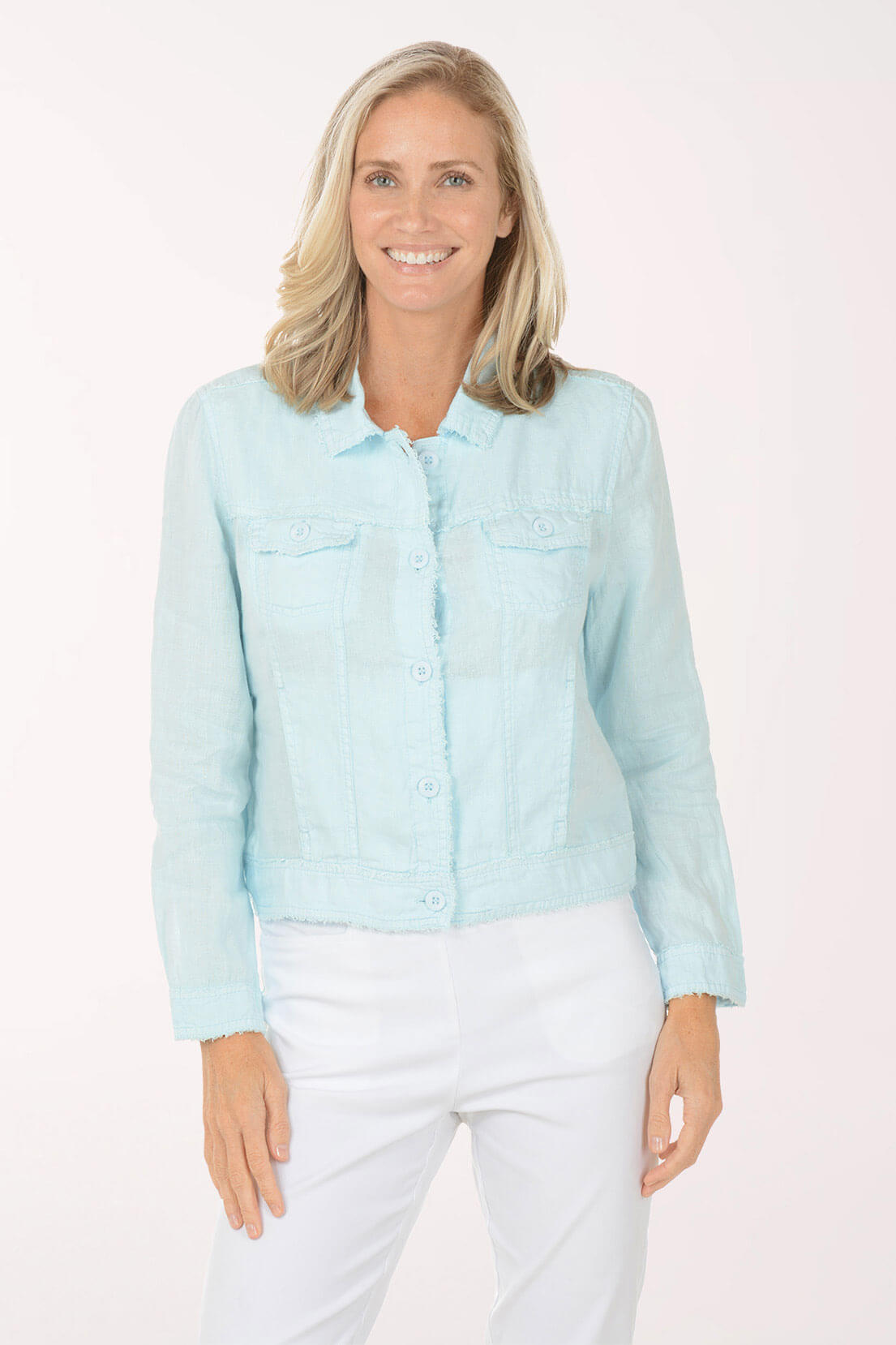 100% Linen Lightweight Frayed Edge Jacket - Pale Blue - Size L