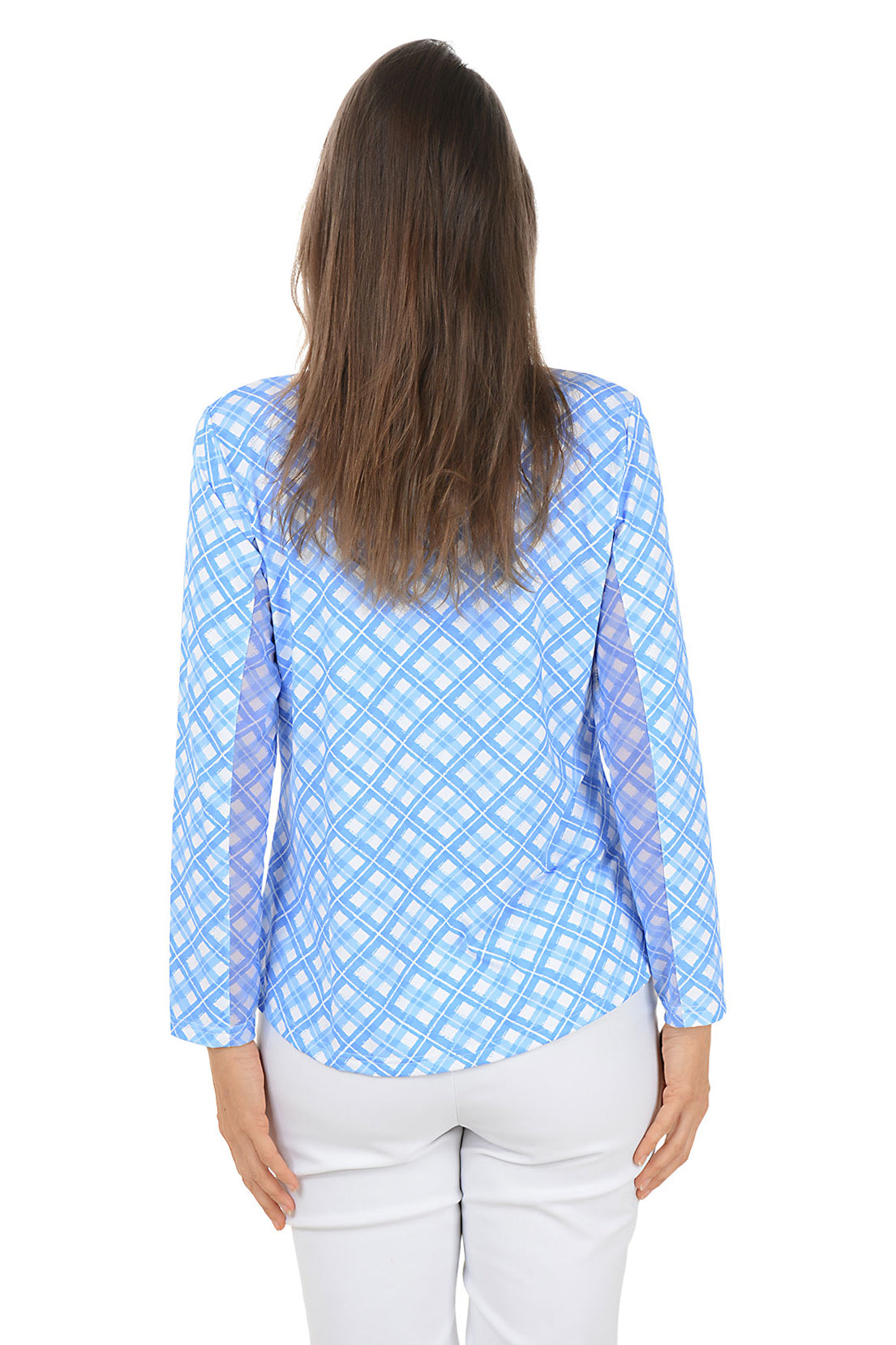 Woman wearing a blue patterned long-sleeve shirt on a white background. Back shot.
