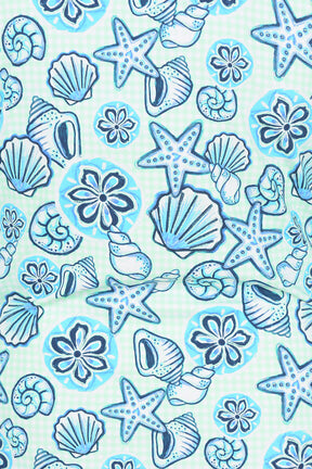 Pattern of blue seashells and starfish on a light blue background.